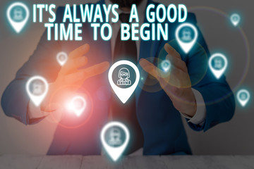 Conceptual hand writing showing It S Always A Good Time To Begin. Concept meaning Start again right now Positive attitude Male wear formal suit presenting presentation smart device