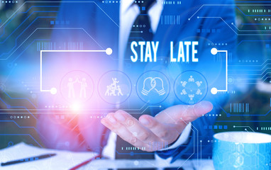 Text sign showing Stay Late. Business photo showcasing A routine in which a demonstrating goes to somewhere out of time Male human wear formal work suit presenting presentation using smart device