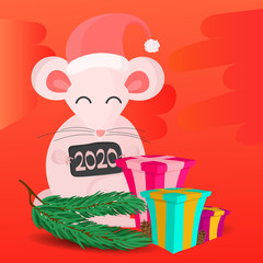 New Year's board. Attribute 2020. A mouse in a New Year’s hat. Pink mouse. 2020 tablet mouse. Gifts, cones, pine branch. Vector illustration.
