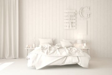 Modern bedroom in white color. Scandinavian interior design. 3D illustration