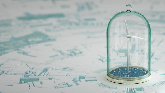 Windmill in sea under glass bulb on water . 3D 4K