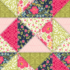 Seamless pattern with decorative flowers, patchwork tiles. Can be used on packaging paper, fabric, background for different images, etc.