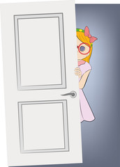 girl looks out from behind the door. vector illustration.
