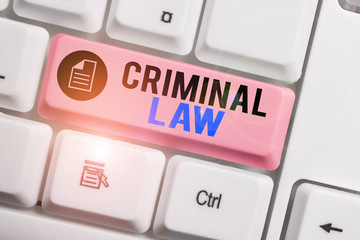 Word writing text Criminal Law. Business photo showcasing legal system which relates to punishing those commits crime White pc keyboard with empty note paper above white background key copy space