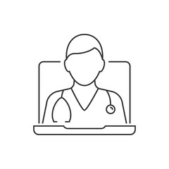 Online medical consultant with stethoscope. Line icon on white background. Editable stroke. Male medical personal illustration