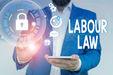 Word writing text Labour Law. Business photo showcasing Rules implemented by the state between employers and employee Male human wear formal work suit presenting presentation using smart device
