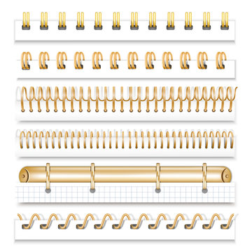 A set of gold springs for notebooks and calendars. Spiral bindings for sheets of paper. Isolated on white background, vector illustration.