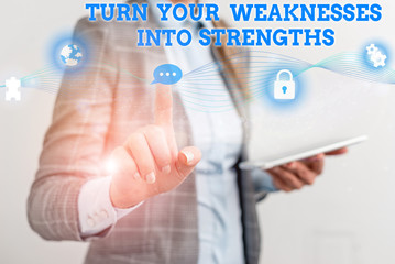 Word writing text Turn Your Weaknesses Into Strengths. Business photo showcasing work on your defects to get raid of them Female human wear formal work suit presenting presentation use smart device