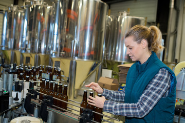 young beautiful standing among brewery stainless equipment