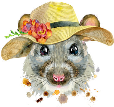 Watercolor portrait of rat with a wide-brimmed summer hat