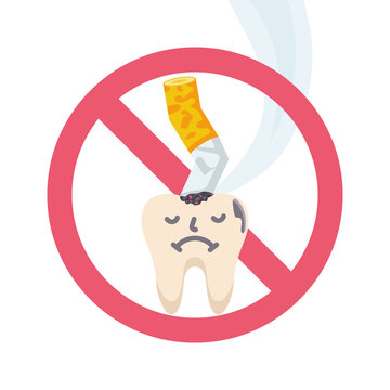 Stop sign smoking. Harm of smoking for dental health. Vector illustration flat design. Isolated on white background. Cigarette butt and yellow sore tooth.