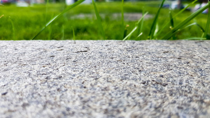 green grass on a gray concrete wall background, uneven wall surface and grass, background image. Gray concrete wall with grass floor texture for background design.