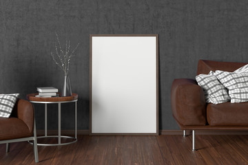 Blank interior poster mock up with wooden frame