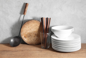 Chinese utensils in restaurant with a blank space for a text, Chinese kitchen background