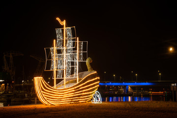 Szczecin, Poland-August 2018: Grodzka Island decorated with Christmas illuminations - obrazy, fototapety, plakaty