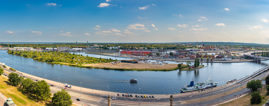 Left bank of the Oder river in Szczecin with the maritime museum and the terraces with a part of Grodzka Island, Szczecin, Poland