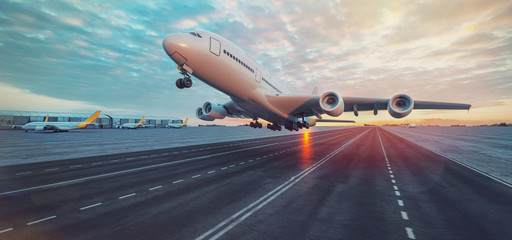 Airplane taking off from the airport. - obrazy, fototapety, plakaty