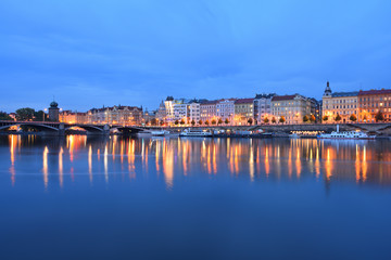 Evening on the Rasinovo embankment (Czech: Náplavka - Rašínovo nábřeží) on Vltava river in...