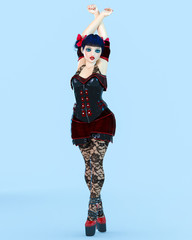 3D girl doll big blue eyes and bright makeup.