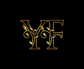 Classy Gold letter Y and F, YF, VINTAGE decorative ornament emblem badge, wedding  logo, classy letter logo icon.