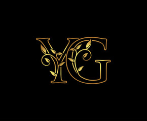 Classy Gold letter Y and G, YG, VINTAGE decorative ornament emblem badge, wedding  logo, classy letter logo icon.