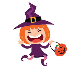 Cute little witch kid vector cartoon character. Kid in halloween costume.