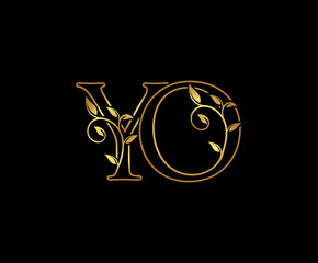 Classy Gold letter Y and O, YO, VINTAGE decorative ornament emblem badge, wedding  logo, classy letter logo icon.