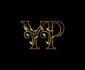 Classy Gold letter Y and P, YP, VINTAGE decorative ornament emblem badge, wedding  logo, classy letter logo icon.