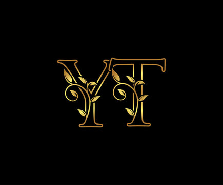 Classy Gold letter Y and T, YT, VINTAGE decorative ornament emblem badge, wedding  logo, classy letter logo icon.