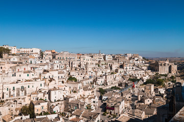 Matera, Italy - August 2019: Historic center of Matera on a sunny August day