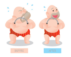 Funny vector illustration of fat bald man doing excercising with Power Twister Bar. compare before and after. Concept of Strong healthy fat man. cartoon