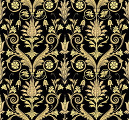 Print with gold flowers and baroque leaves on a black background. Vector seamless pattern.