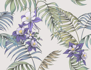Blue flowers and tropical leaves. Vector seamless pattern.