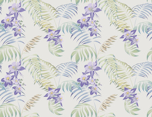 Blue flowers and tropical leaves. Vector seamless pattern. Vintage print. Wallpaper.