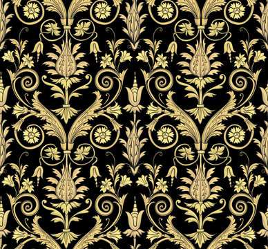 Print with gold flowers and baroque leaves on a black background. Vector seamless pattern.