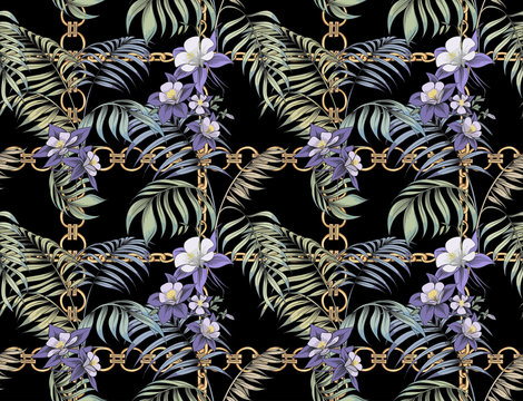 Tropical leaves, blue flowers and gold chains. Vector seamless pattern on a black background.
