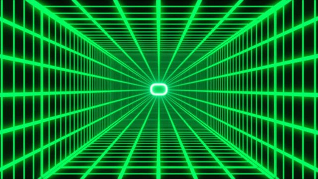 Futuristic Green Laser Grid Tunnel Loop. Retro Computer Background