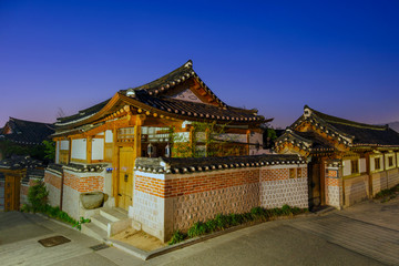 Korean style architecture at Bukchon Hanok Village at Night  Seoul, South Korea.