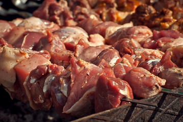 Barbecue fries in the coals. Meat and beef at the field kitchen festival.