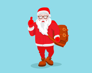 Modern Santa Claus vector illustration cool funny style character come with gift bag and thumb up. Happy New Year greeting card  design element. Cartoon Christmas decoration isolated.