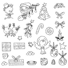 Set of cute hand drawn cartoon Christmas characters isolated on white. New Year element. Santa Snowman Reindeer presents Christmas tree angel ornaments jingle bell