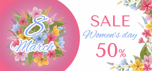 Banner for the International Women's Day. Flyer for March 8 with the decor of flowers. Invitations with the number 8 in the style of cut paper with a pattern of spring plants, leaves and flowers