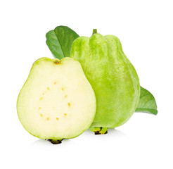 Guava fruit with leaves on the white background.