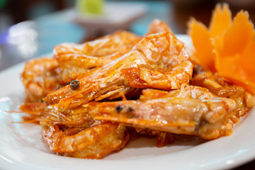 Menu of Tiger Prawns stir-fried in dry style, Thai food