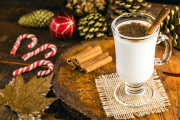 Eggnog with cinnamon and nutmeg for Christmas and winter holidays. Typical American and European drink, homemade eggnog in glass with spicy kidney. Space for text.