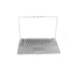 Modern laptop computer with blank screen made of aluminum casing closeup, isolated on white background 