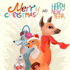 Card with forest animals, a congratulation merry Christmas and new year. Vector illustration