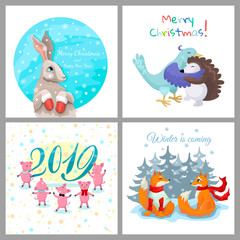 Set of winter Christmas cards. Four different vector designs. Cute animals. Merry Christmas and Happy New Year card. Design for banner or poster. Vector illustration concept.