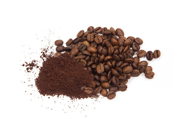 Coffee beans and ground on white background on white background