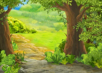 Foto op Canvas cartoon summer scene with meadow in the forest illustration for children © honeyflavour